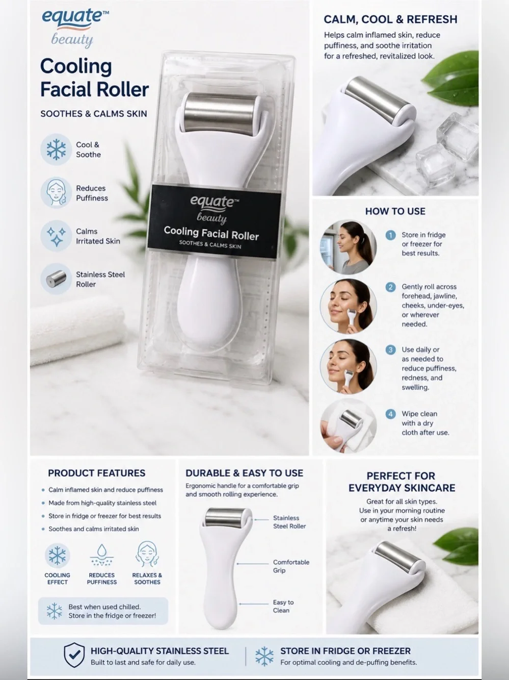 Beauty Cooling Facial Roller, Stainless Steel Ice Roller
